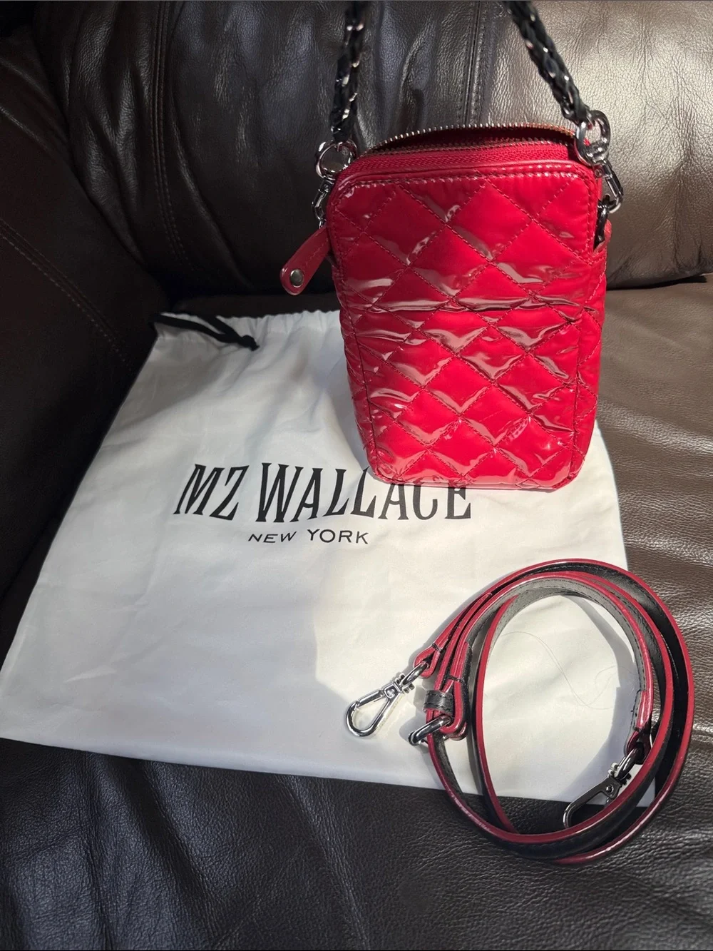 MZ Wallace Red Quilted Patent Crossbody with Chain Detail